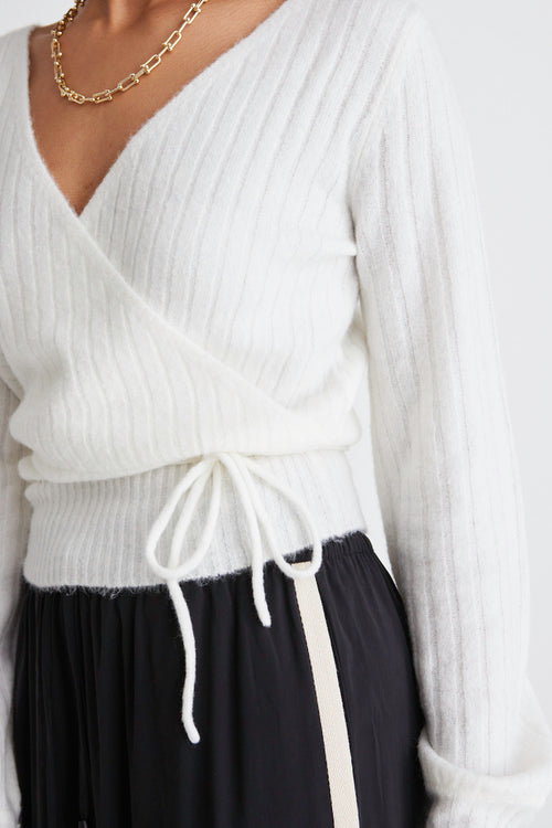 model wears a white knit 