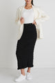 Attentive Black Linen Shirred Straight Midi Skirt