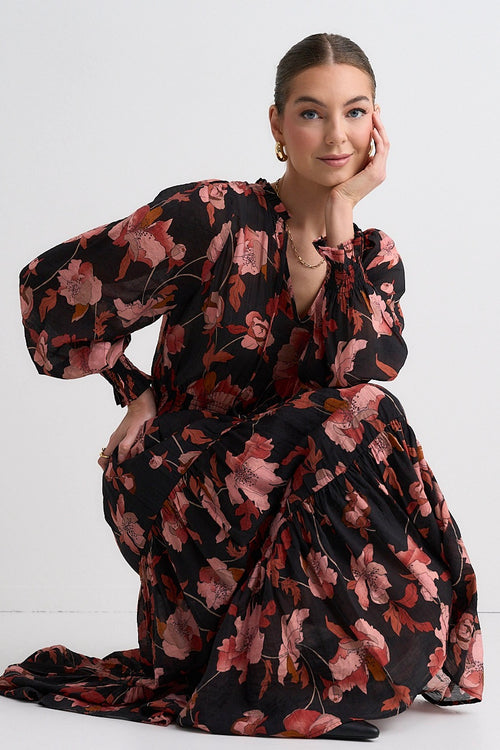 model wears a blush floral dress 
