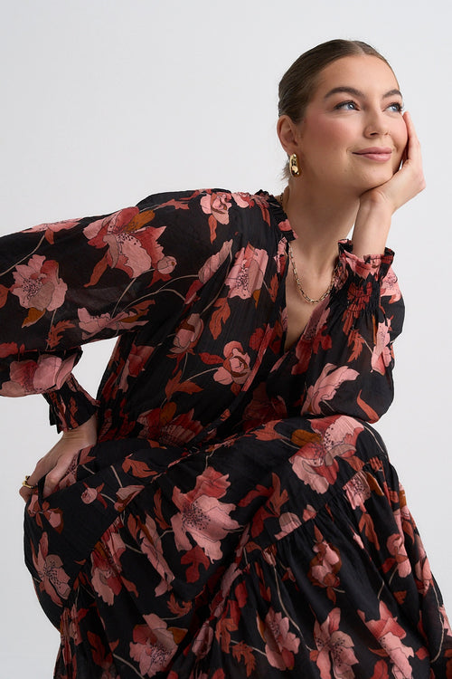 model wears a blush floral dress 