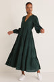Compelling Dark Forest Linen LS Button Front Tiered Maxi Dress