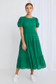 Graceful Palm Shirred Cotton Bubble Sleeve Tiered Maxi Dress