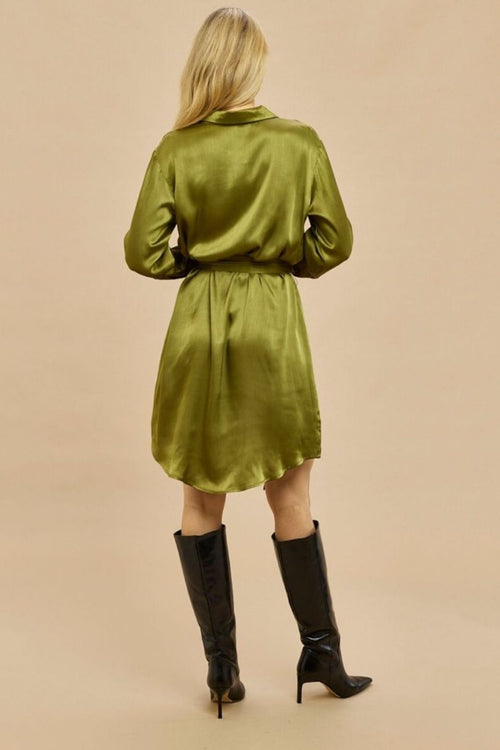 Ellison Olive Satin Shirt Mini Dress WW Dress Gysette   