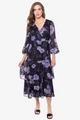 Paradise Black Lilac Burnout Floral Wrap LS Midi Dress