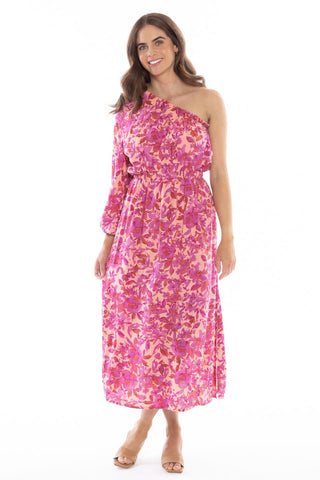 model posing in pink floral long sleeve midi dress