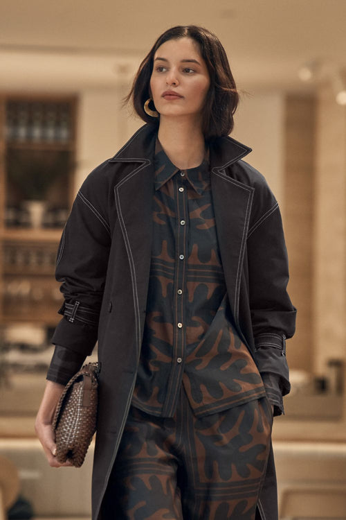 model wears a black coat