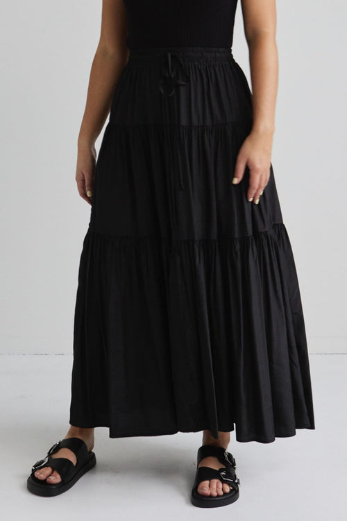 Sensational Black Tiered Satin Tie Waist Maxi Skirt WW Skirt Among the Brave   