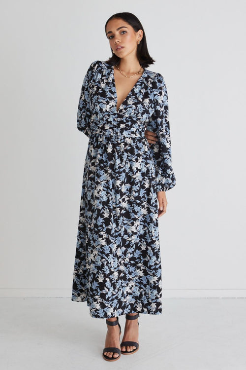 Better Than Ever Large Blue Floral Puff Sleeve Tiered Maxi Dress WW Dress Among the Brave   
